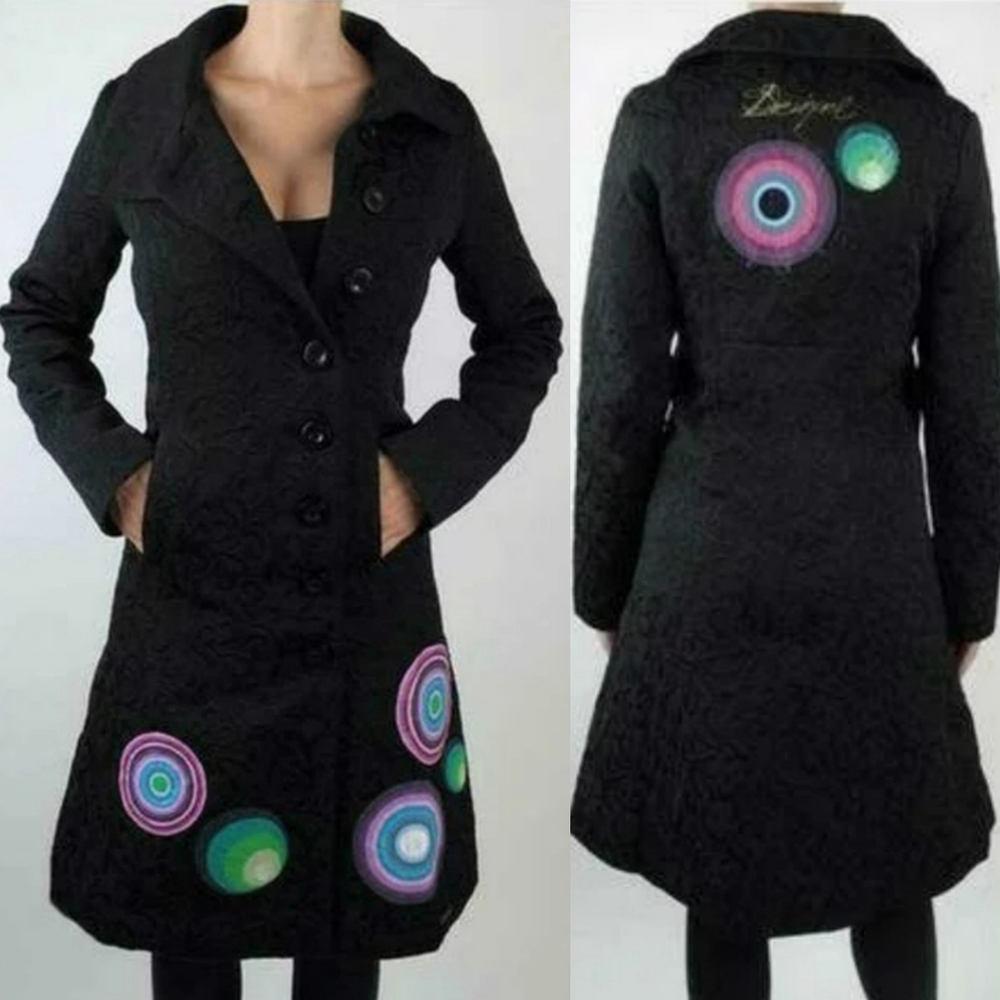 Desigual Elisabeth Black Jacquard Midi Coat 40 Med
